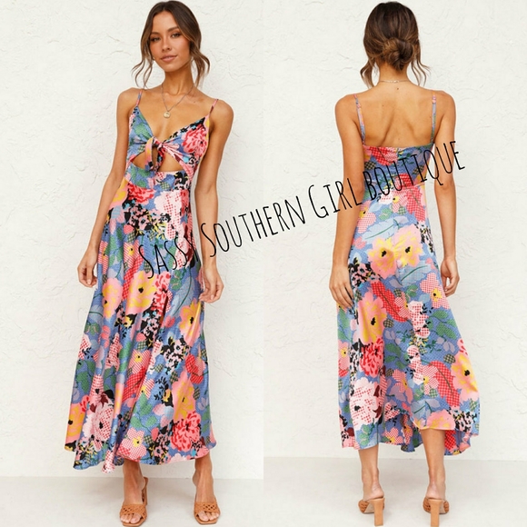 🆕⭐ Boho floral satin honey knot midi dress - Picture 8 of 16